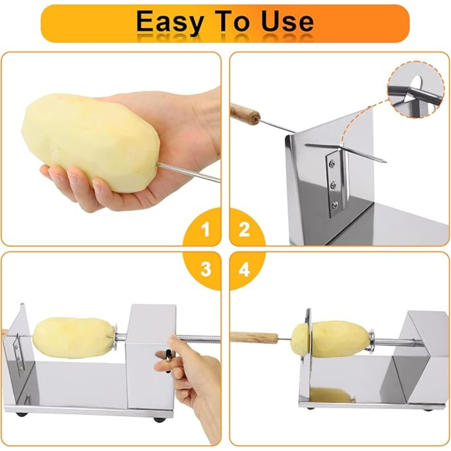 Twisted Potato Slicer – Manual Spiral Tornado Curly Fry Cutter with Stainless Steel Skewers & Reusable Sticks