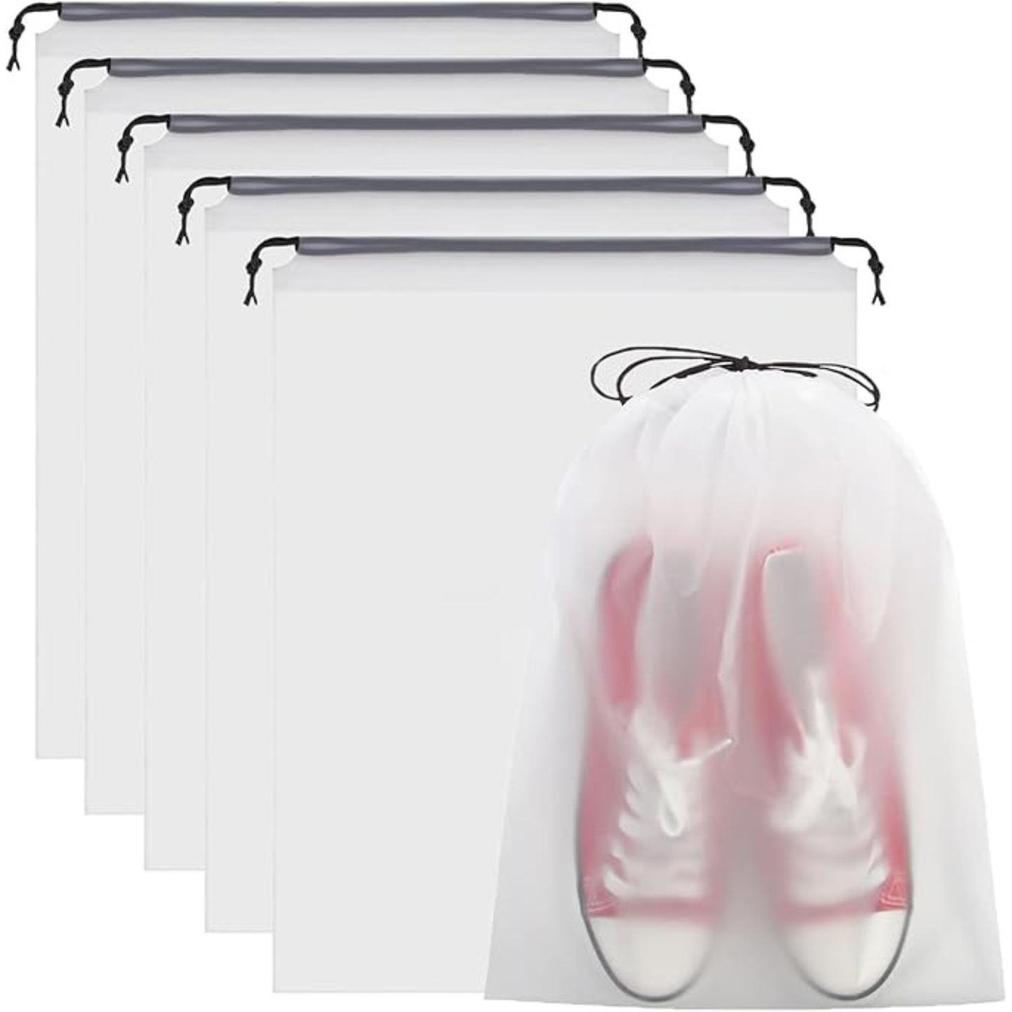 5 PCS Waterproof Travel Shoe Bags – 30 × 40cm Translucent Drawstring Shoe Storage Organizer Pouches for Shoes, Clothes & Travel Accessories (White)