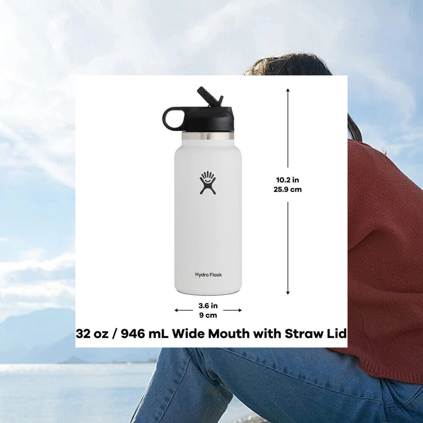 Hydro Flask Sport Water Bottle Stainless Steel Wide Mouth with Straw Lid – 32oz / 946ML Insulated Travel Bottle