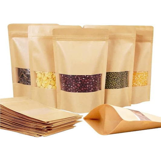 50PCS Kraft Paper Stand Up Doy Pouch Zip Lock Bags with Window – 12 × 20cm Resealable Food Storage Pouches