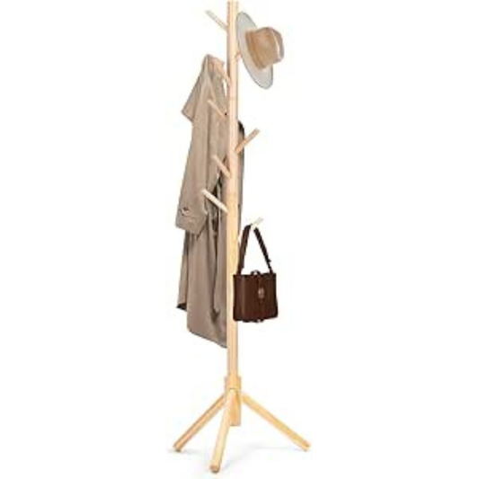 Wooden Coat Stand Storage Rack – Multi Hook Clothes Hanger Tree for Jackets, Hats, Bags & Umbrellas