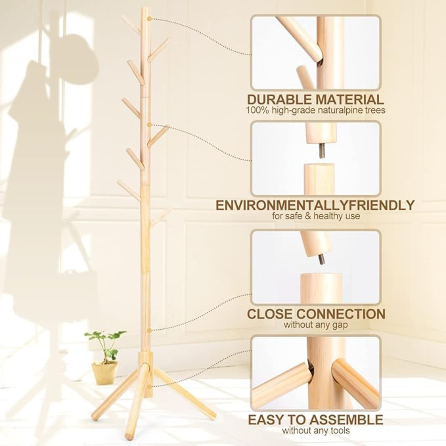 Wooden Coat Stand Storage Rack – Multi Hook Clothes Hanger Tree for Jackets, Hats, Bags & Umbrellas