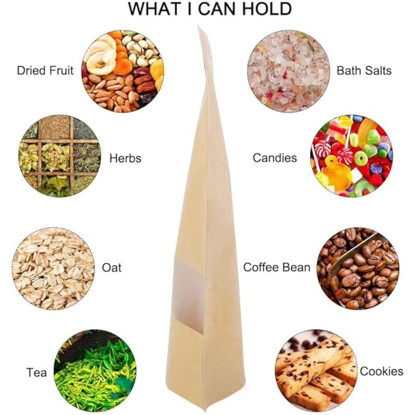 50PCS Kraft Paper Stand Up Doy Pouch Zip Lock Bags with Window – 12 × 20cm Resealable Food Storage Pouches