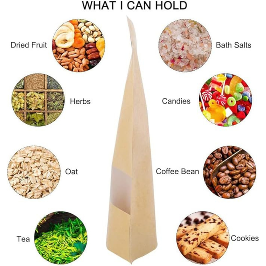 50PCS Kraft Paper Stand Up Doy Pouch Zip Lock Bags with Window – 12 × 20cm Resealable Food Storage Pouches