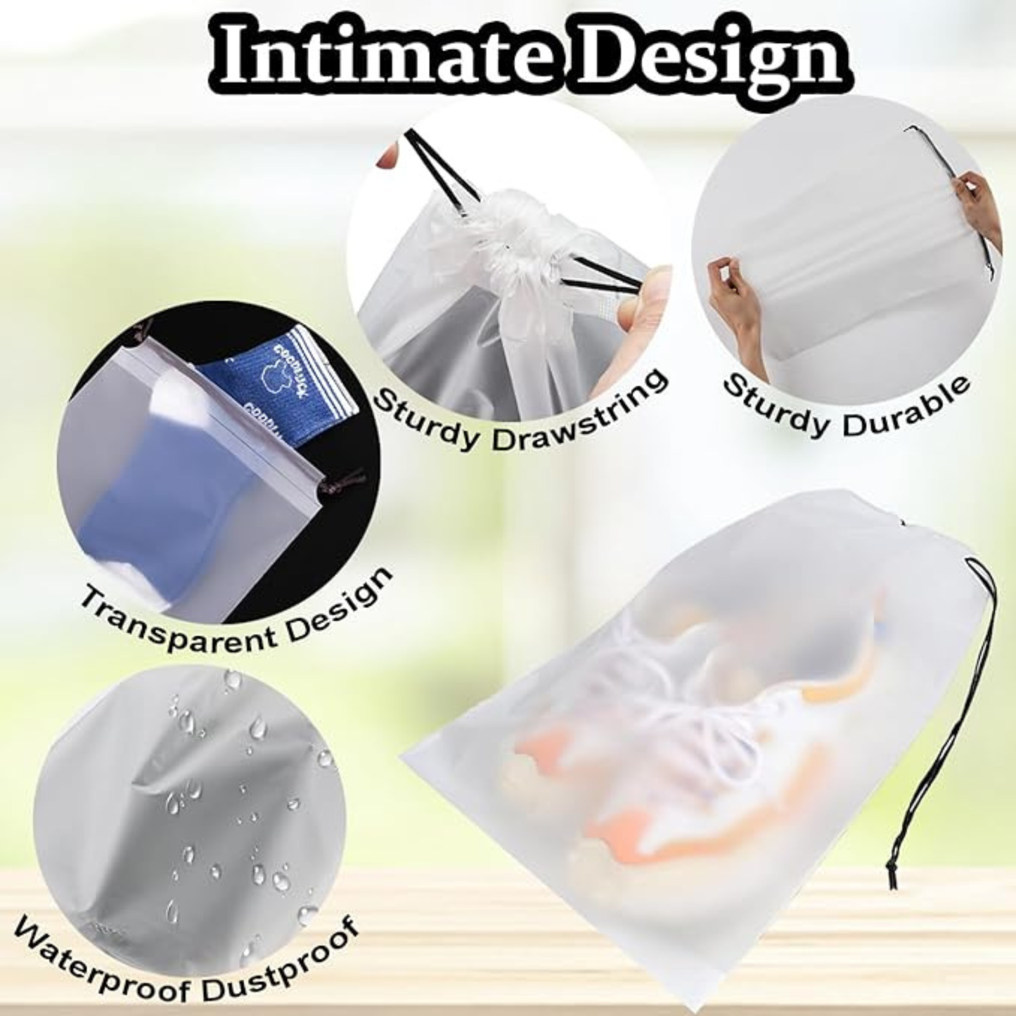 5 PCS Waterproof Travel Shoe Bags – 30 × 40cm Translucent Drawstring Shoe Storage Organizer Pouches for Shoes, Clothes & Travel Accessories (White)