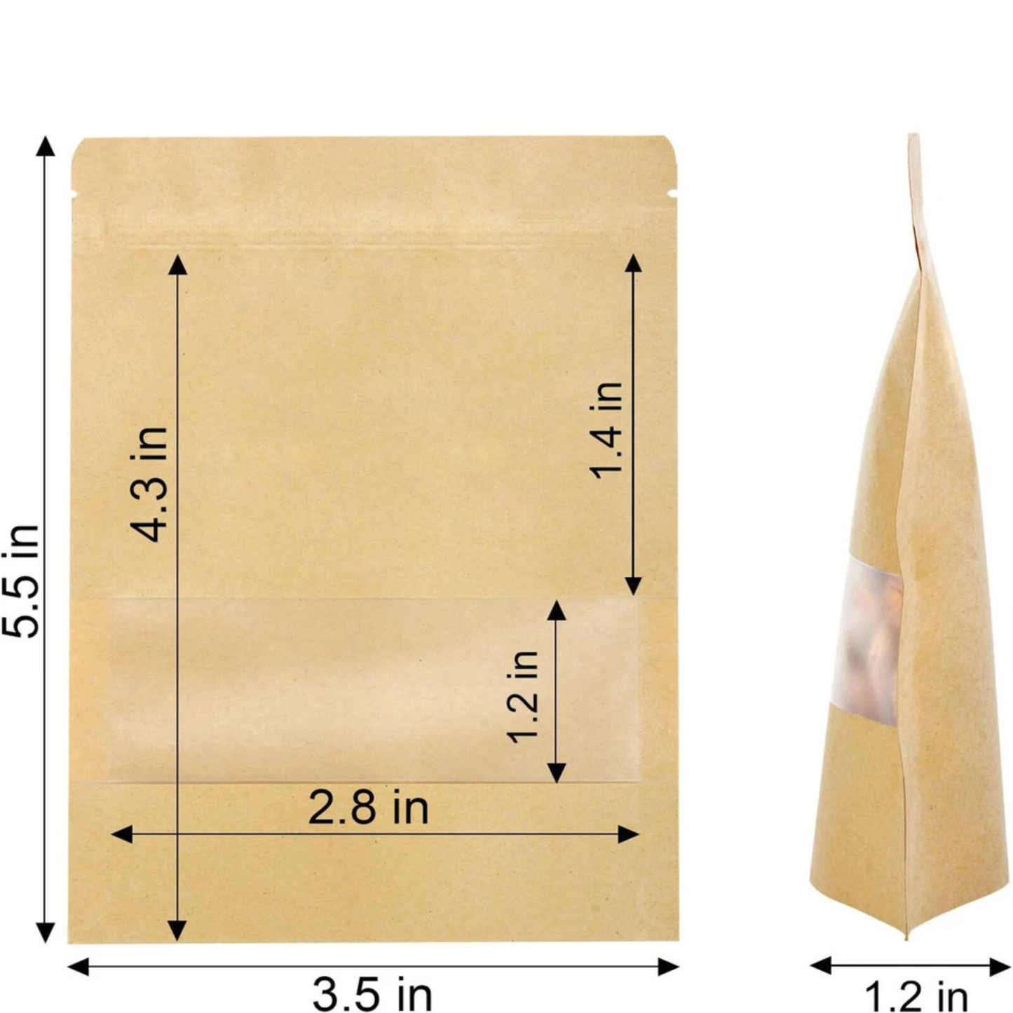 50PCS Kraft Paper Stand Up Doy Pouch Zip Lock Bags with Window – 12 × 20cm Resealable Food Storage Pouches