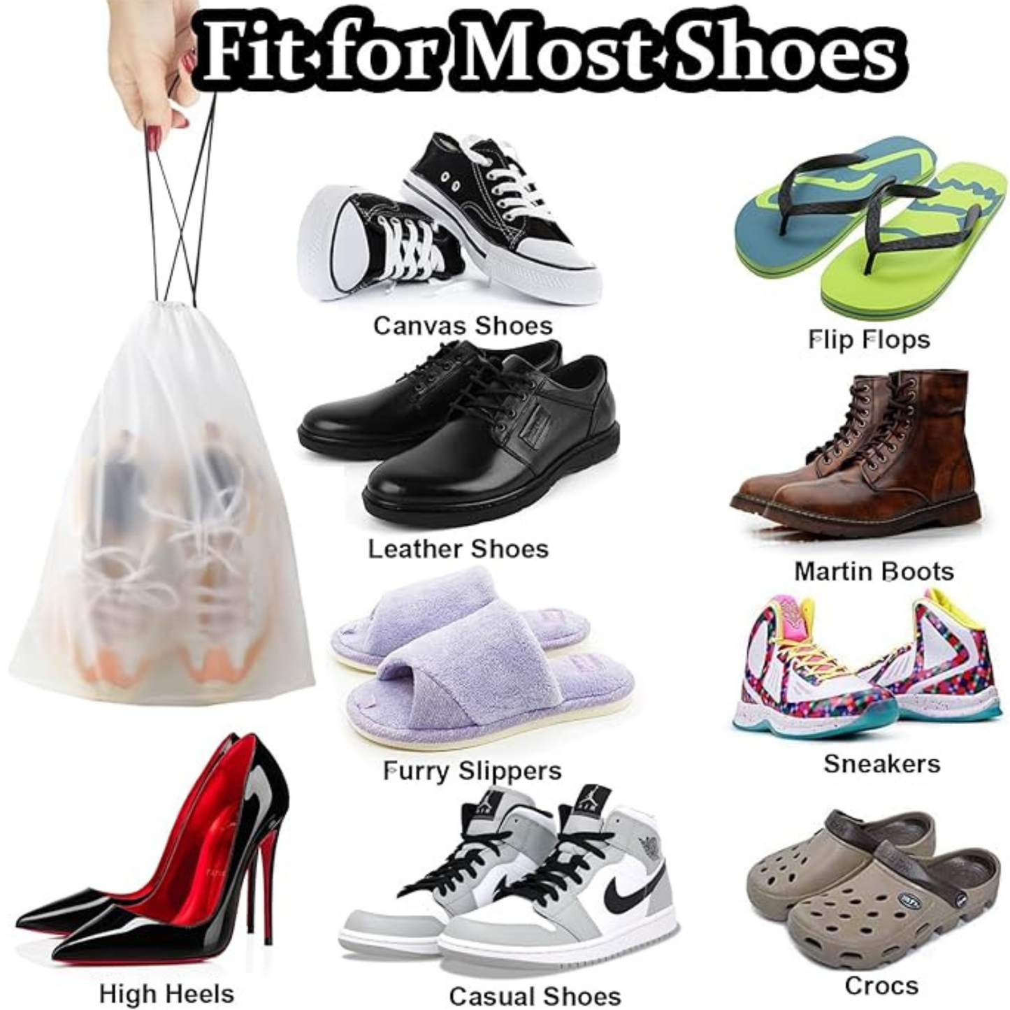 5 PCS Waterproof Travel Shoe Bags – 30 × 40cm Translucent Drawstring Shoe Storage Organizer Pouches for Shoes, Clothes & Travel Accessories (White)