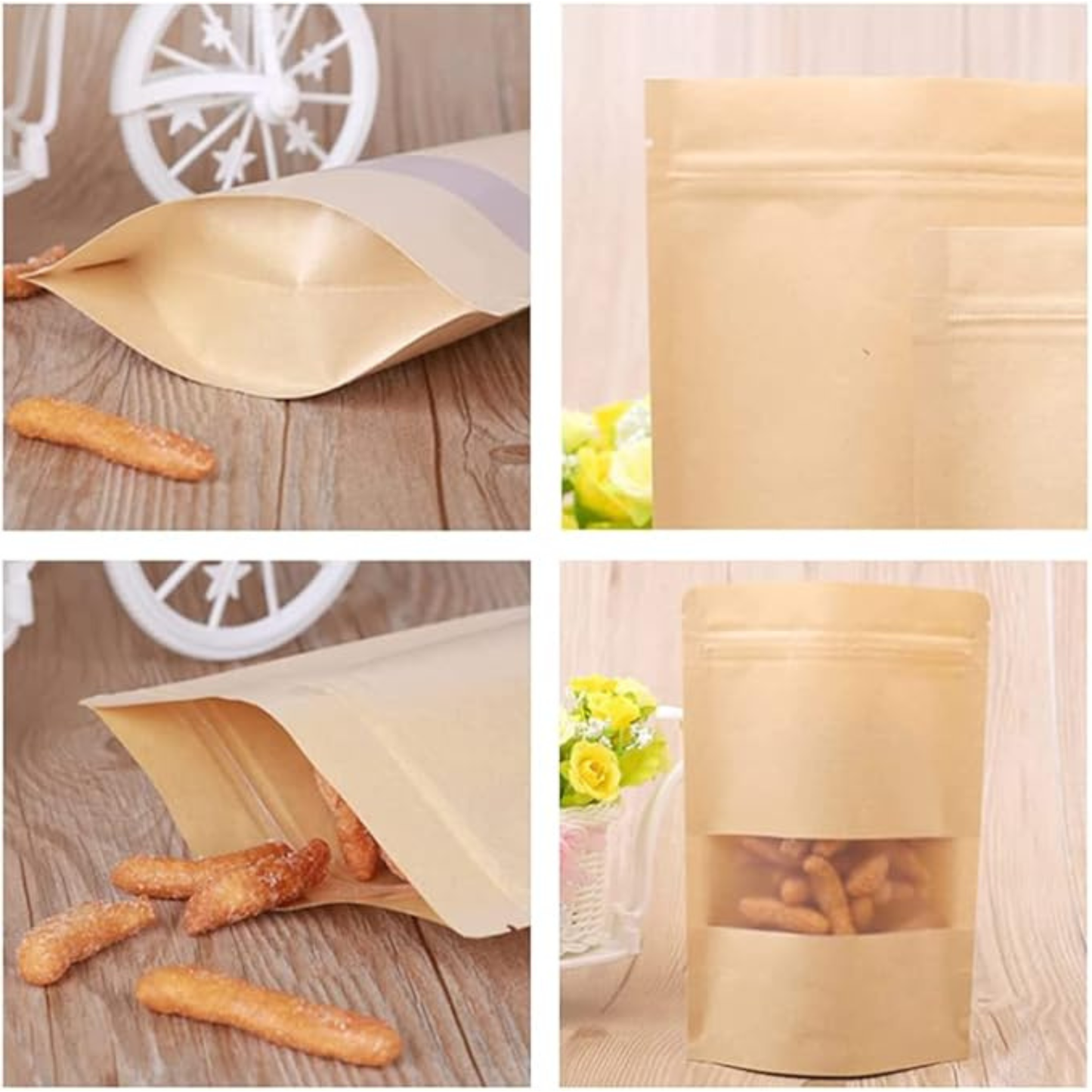 50PCS Kraft Paper Stand Up Doy Pouch Zip Lock Bags with Window – 12 × 20cm Resealable Food Storage Pouches