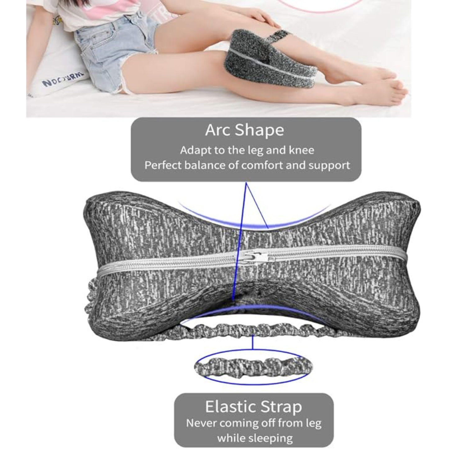Memory Foam Knee Pillow for Side Sleepers with Elastic Strap – Leg Support Pillow for Spine Alignment with Breathable Washable Cover