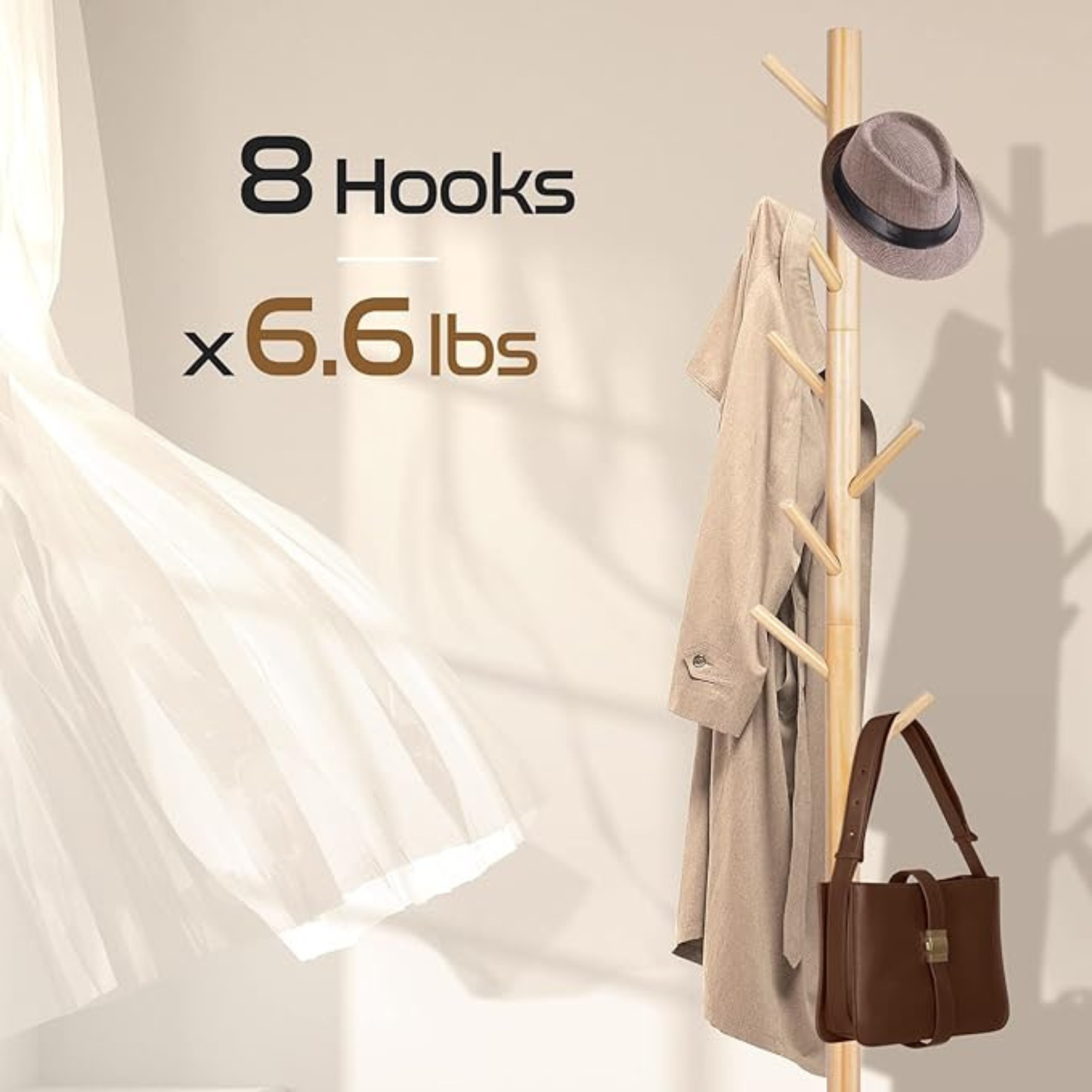 Wooden Coat Stand Storage Rack – Multi Hook Clothes Hanger Tree for Jackets, Hats, Bags & Umbrellas
