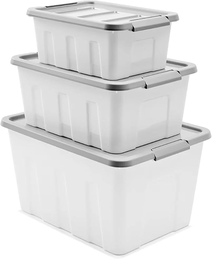 Large Storage Box Heavy Duty Plastic Tub with Lid – Stackable Organiser Container for Home & Garage Storage